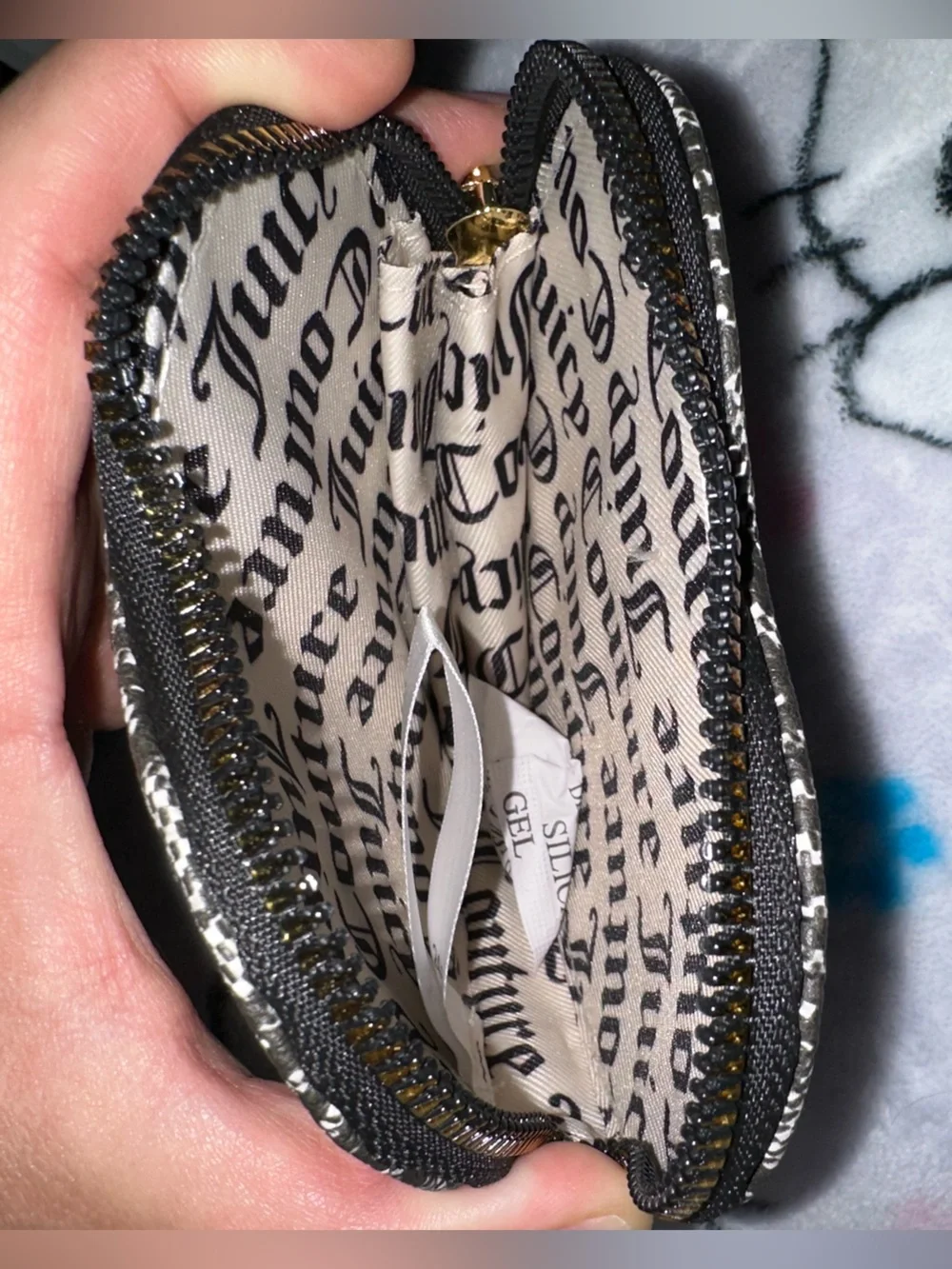 Juicy Couture Black & White Logo Heart Wristlet with Gold Chain Accent